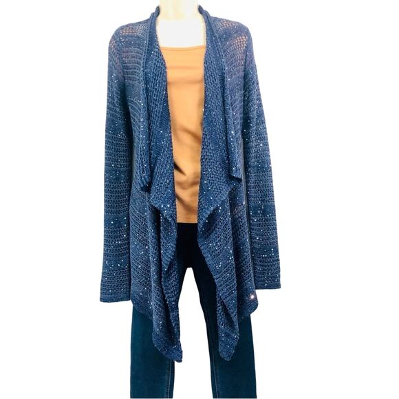 INC International Concepts Denim Blue Sparkle Sweater Waterfall Open Front - Picture 16 of 16